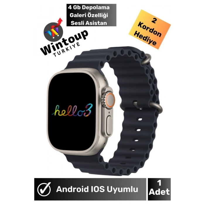 Hello Watch 3+ Plus H12 Ultra Max 4GB Hafıza ve Aksesuar Bağlantılı Watch Ultra 49MM Akıllı Saat