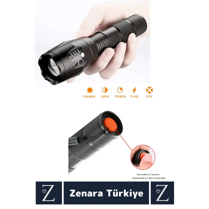 Kamp Avcı Güvenlik Balıkçı Deprem Enerji Tasarruflu 4 Mod Zoomlu Güçlü Beyaz Işık Şarjlı EL FENERİ