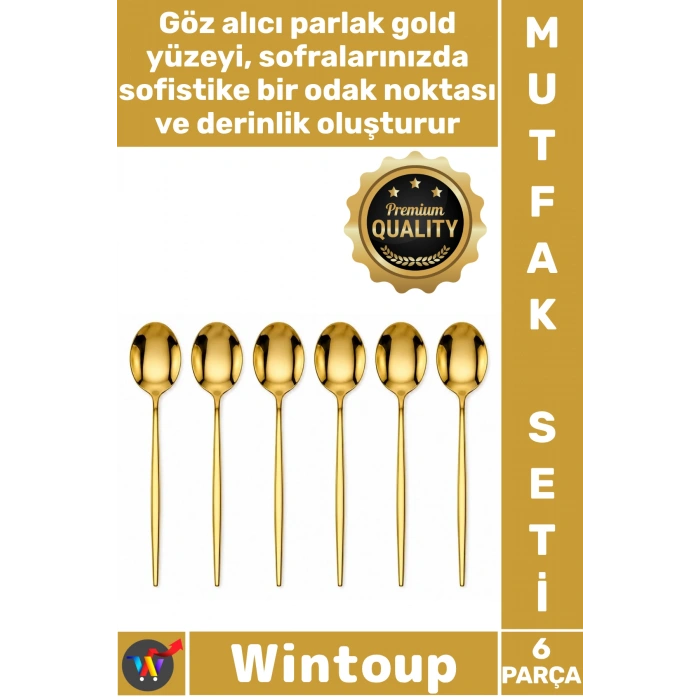 #Kaşık Lüks Şık Modern Mutfak Sofra Sunum Takımı Paslanmaz Çelik Gold Renk 6 Parça Yemek Kaşığı Set