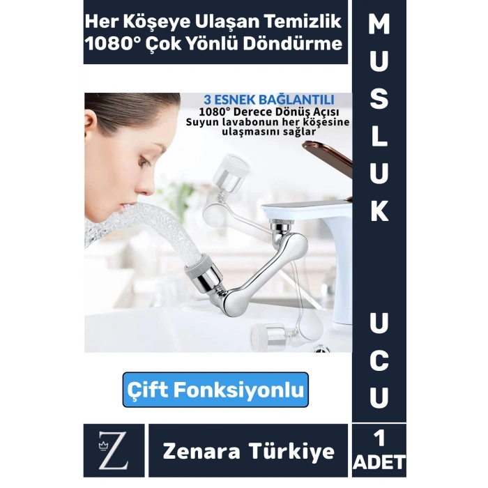 Kolay Montaj Metal Görünümlü 1080 Derece Dönebilen Çift Modlu Su Akışı Akrobat Musluk Ucu Başlığı