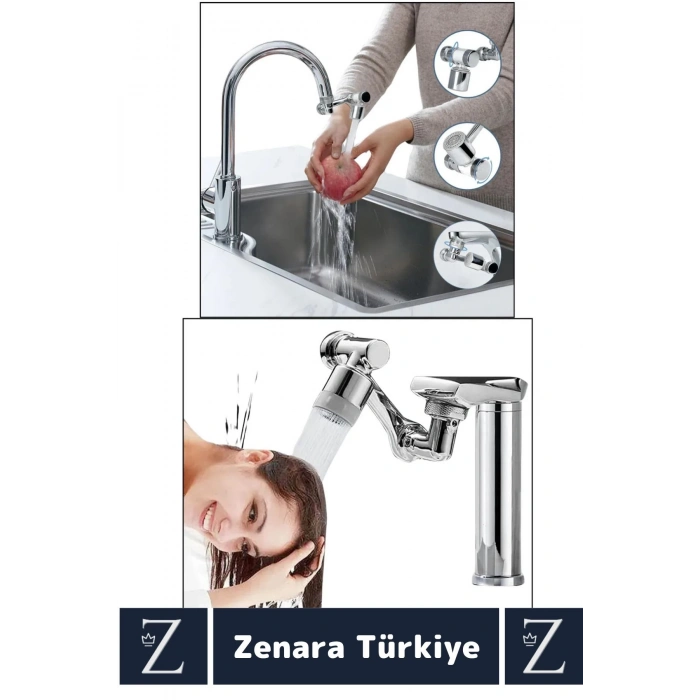 Kolay Montaj Metal Görünümlü 1080 Derece Dönebilen Çift Modlu Su Akışı Akrobat Musluk Ucu Başlığı