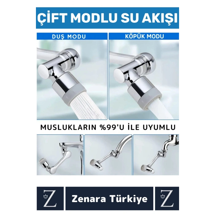 Kolay Montaj Metal Görünümlü 1080 Derece Dönebilen Çift Modlu Su Akışı Akrobat Musluk Ucu Başlığı