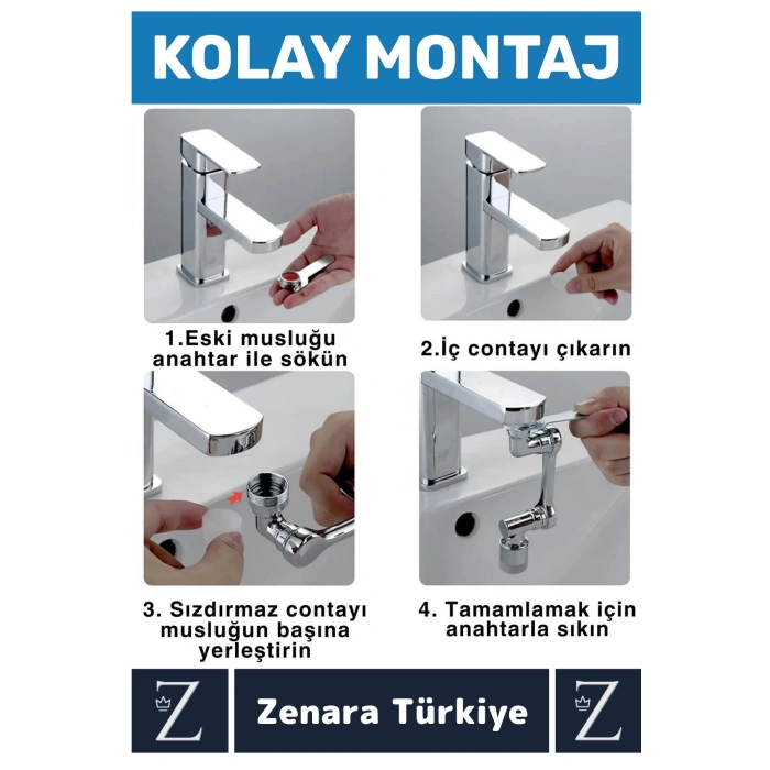 Kolay Montaj Metal Görünümlü 1080 Derece Dönebilen Çift Modlu Su Akışı Akrobat Musluk Ucu Başlığı