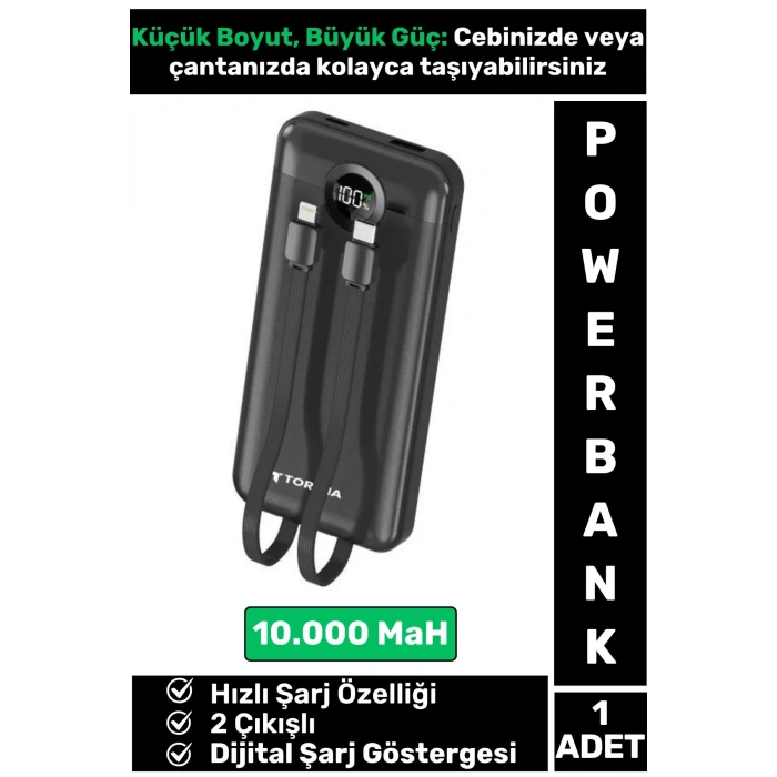 Kompakt 2 Çıkışlı Dijital Şarj Göstergeli Hızlı Şarj 10000 mAh Powerbank Taşınabilir Şarj Cihazı