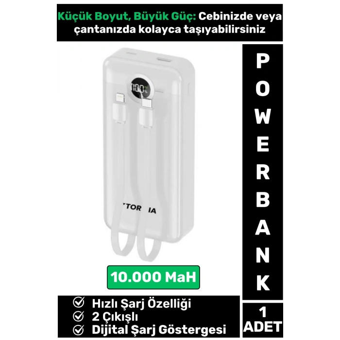 Kompakt 2 Çıkışlı Dijital Şarj Göstergeli Hızlı Şarj 10000 mAh Powerbank Taşınabilir Şarj Cihazı