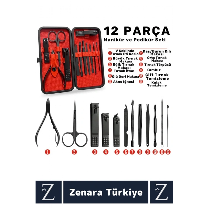 Kompakt El Yüz Tırnak Ayak Bakım Taşınabilir Cep Boy Özel Çantalı 12 Parça Manikür Pedikür Seti