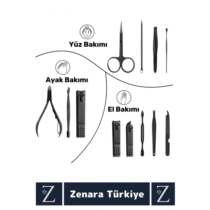 Kompakt El Yüz Tırnak Ayak Bakım Taşınabilir Cep Boy Özel Çantalı 12 Parça Manikür Pedikür Seti