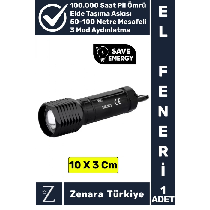 Kompakt Kamp Avcı Balıkçı Deprem Enerji Tasarrufu 3 Mod Güçlü Beyaz Işık Zoomlu Pilli Mini EL FENERİ