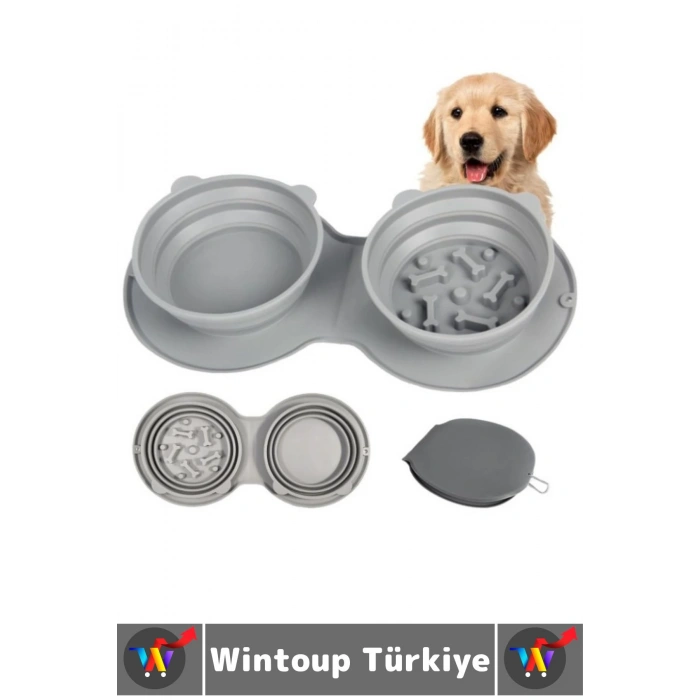 Kompakt Katlanabilir Evcil Hayvan Kedi Köpek Taşıma Kancalı Ayarlanabilir Çift Bölmeli Mama Su Kabı