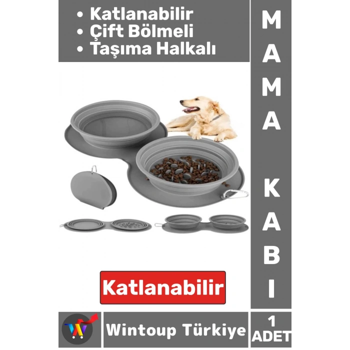 Kompakt Katlanabilir Evcil Hayvan Kedi Köpek Taşıma Kancalı Ayarlanabilir Çift Bölmeli Mama Su Kabı