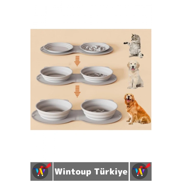 Kompakt Katlanabilir Evcil Hayvan Kedi Köpek Taşıma Kancalı Ayarlanabilir Çift Bölmeli Mama Su Kabı