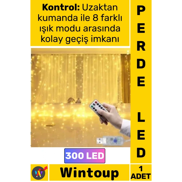 #Led Uzaktan Kumandalı 8 Fonksiyonlu USB Dekoratif Şık Tel Perde Led 3 X 3 Metre Gün Işığı 300 Led