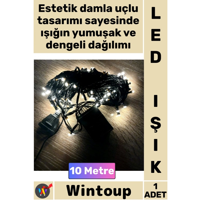 #Led Dekoratif Yılbaşı Aydınlatma Süsleme Şık 10 Metre Damla Uçlu Şık Gün Işığı Siyah Kablo 100 Led