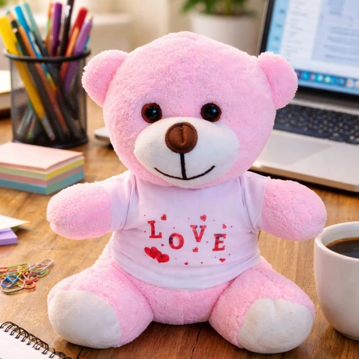 Love Tişörtlü Pembe Peluş Ayıcık