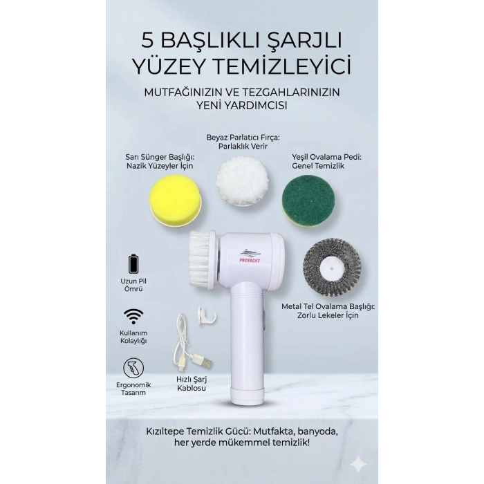 Magic Brush 5 in 1 Kablosuz Şarjlı Temizlik Fırçası | Çok Amaçlı Döner Başlıklı Elektrikli Banyo, Mutfak ve Fayans Temizleme Seti