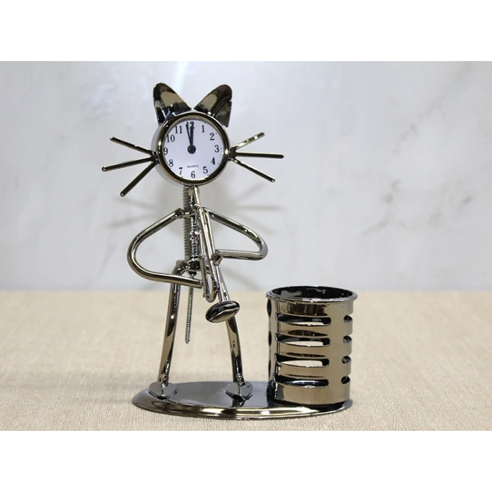 Metal Saksafon Çalan Kedi Müzisyen Saat Ve Kalemlik Alk4346
