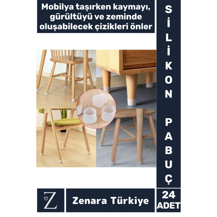 Mobilya Masa Sandalye Kayma Gürültü Zemin Çizilme Önleyen Koruyucu Silikon Pabuç Ayak Kılıfı 24 Adet