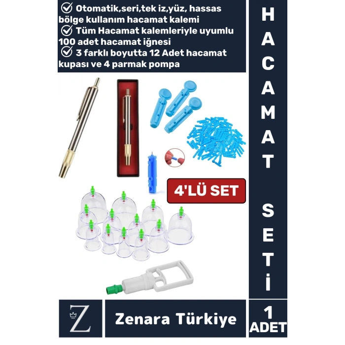 Otomatik Seri Hacamat Kalemi 100 Adet İğne 12 Adet Kupa 4 Parmak Pompa 4lü Premium Hacamat Seti