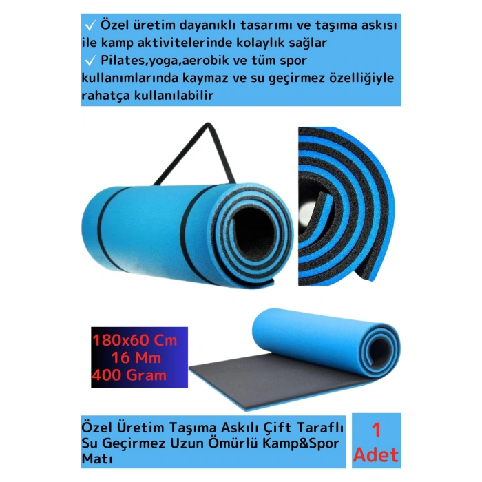 Özel Model Taşıma Askılı Çift Taraflı Kaymaz Su Geçirmez Pilates Kamp Fitness Yoga Matı Mavi 16 Mm