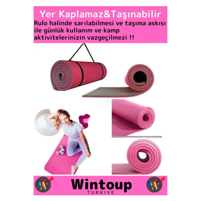 Özel Model Taşıma Askılı Çift Taraflı Kaymaz Su Geçirmez Pilates Kamp Fitness Yoga Matı Pembe 16 Mm