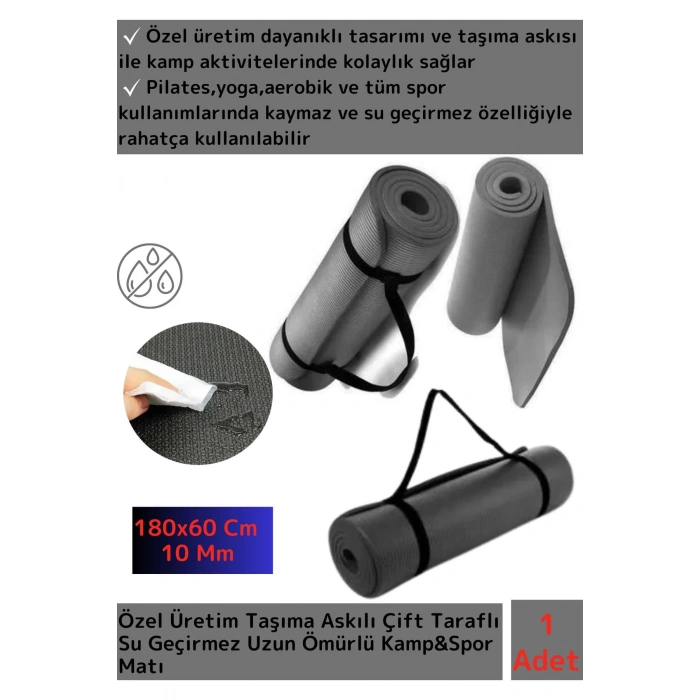 Özel Model Taşıma Askılı Çift Taraflı Kaymaz Su Geçirmez Pilates Kamp Fitness Yoga Matı Gri 10 Mm