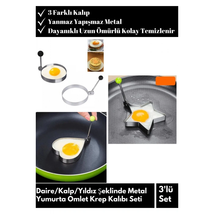 Özel Model Uzun Ömürlü Yanmaz Metal Yumurta Omlet Krep Pişirme Seti 3lü (Yıldız/Daire/Kalp)