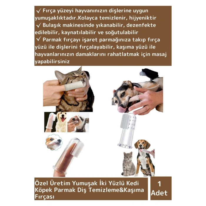 Özel Seri Kedi Köpek Yumaşak Çift Yüzeyli Diş Temizleme Kaşıma Parmak Fırçası
