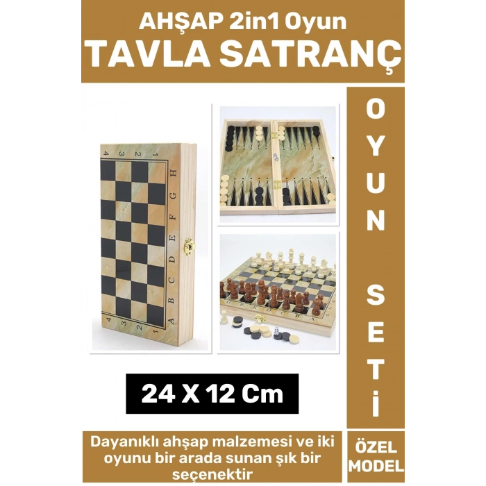 Özel Seri Yüksek Kaliteli Arkadaş Oyun Hediyelik Şık Ahşap Tavla Satranç 2in1 Oyun Seti 24 X 12 Cm