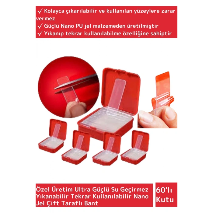 Özel Süper Güçlü Suya&Toza Dayanıklı İz Bırakmaz Temizlenebilir Nano Jel Çift Taraflı Bant 60 Adet