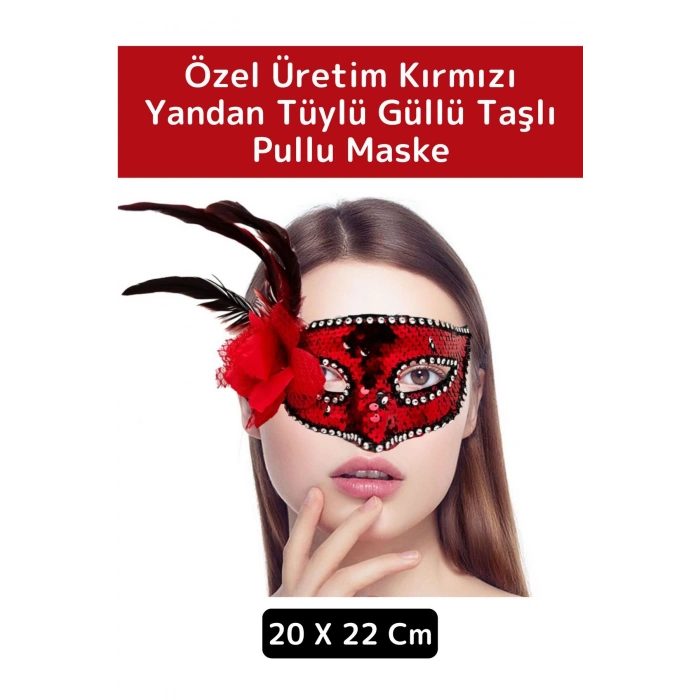 Özel Tasarım Kaliteli Balo Parti Kostüm Davet Yılbaşı Cosplay Fantezi Güllü Taşlı Pullu Detay Maske