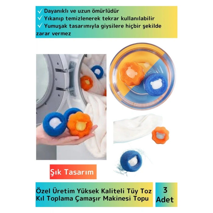 Özel Üretim Çamaşır Makinesi Tüy/Toz/Kıl Toplama Topu Temizlenebilir&Tekrar Kullanılabilir 3lü