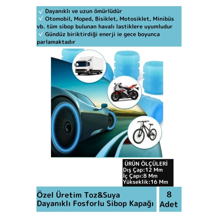 Özel Üretim Fosforlu Mavi Sibop Kapağı Tüm Otomobil Bisiklet Motosiklet, Minibüslerle Uyumlu 8 Adet