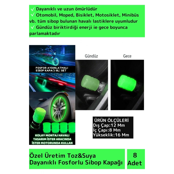 Özel Üretim Fosforlu Yeşil Sibop Kapağı Tüm Otomobil Bisiklet Motosiklet, Minibüslerle Uyumlu 8 Adet