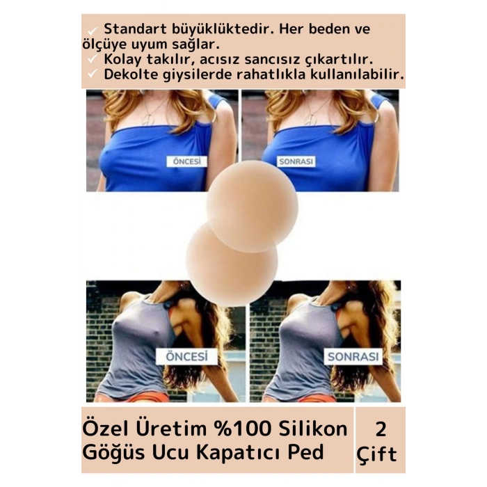 Özel Üretim Kadın Ten İç Giyim %100 Silikn Göğüs Ucu Kapatan Gizleyen Ped Nipple Pad 7 cm 2 Çift