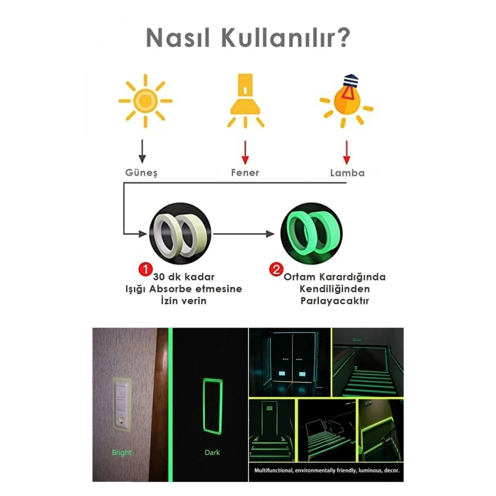 Özel Üretim Karanlıkta Işık Veren Yansıyan 4 Mtr Fosforlu Yeşil Şerit Yapışkanlı Reflektör Bant 3 Ad