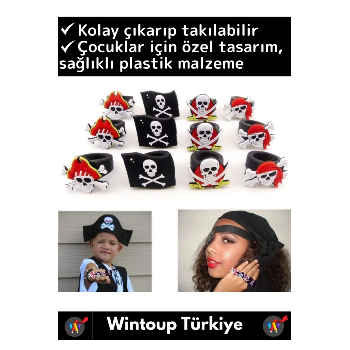 Özel Üretim Kuru Kafa Tasarım Parti Kostüm Eğlence Hediyelik Çocuk Plastik Korsan Yüzüğü 5 Adet