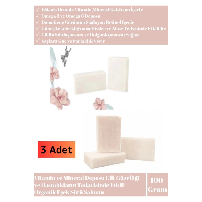 Özel Üretim Organik Bitkisel Saç Yüz Vücut El Cilt Güzelleştirici Mucizevi Eşek Sütü Sabunu 3 Adet