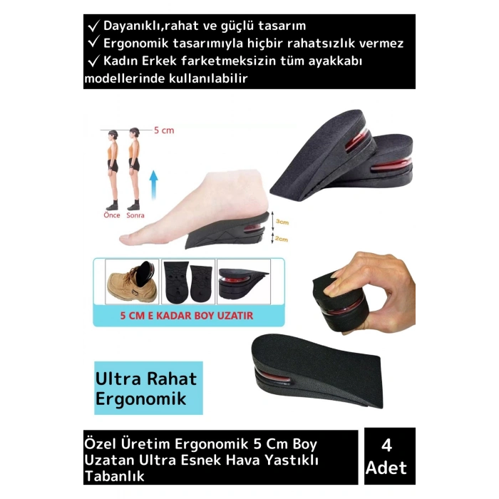 Özel Üretim Ortopedik Ultra Rahat Tasarım 5 Cm Boy Uzatan Ayakkabı Topuk Kaymaz Tabanlık 2 Çift