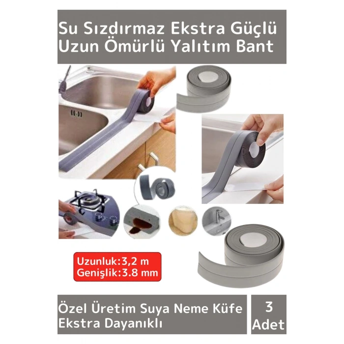 Özel Üretim Su Sızdırmaz Ekstra Dayanıklı Pvc Yağ Kenar Küf Önleyici 3.2m Gri İzolasyon Bant 3 Adet