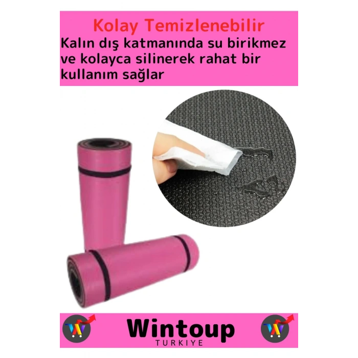 Özel Üretim Taşıma Askılı Çift Taraflı Kaymaz Su Geçirmez Pilates Kamp Fitness Yoga Matı Pembe 10Mm