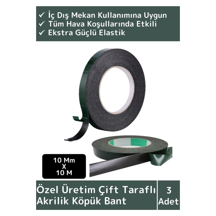 Özel Üretim Ultra Güçlü İz Bırakmaz Elastik Yapılı Çift Taraflı 10mm-10Metre Akrilik Köpük Bant 3 Ad