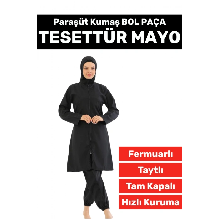 Özel Üretim Yüksek Kalite Konforlu Fermuarlı Taytlı Tam Kapalı Paraşüt Kumaş Bol Paça TESETTÜR MAYO