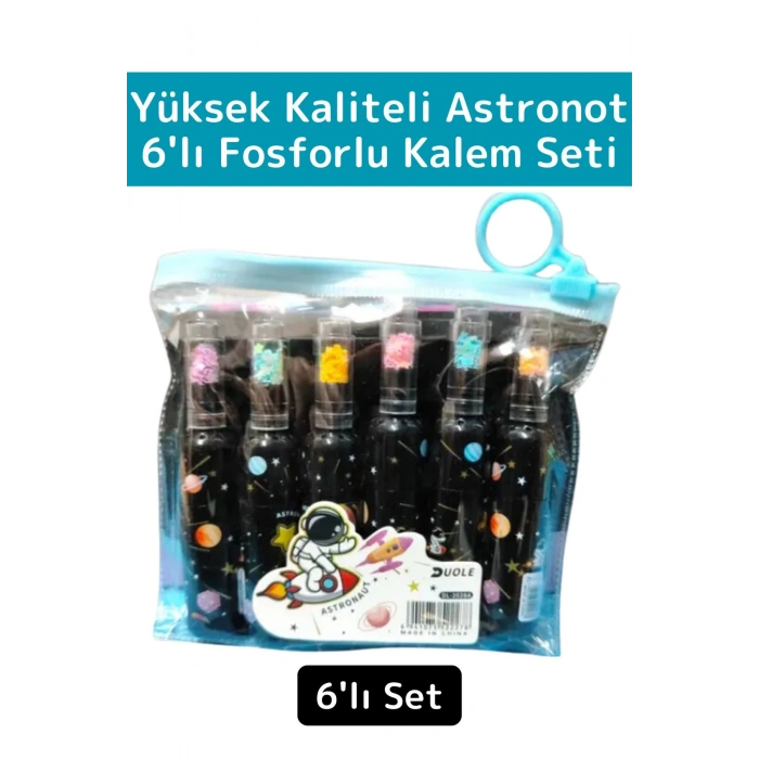 Özel Üretim Yüksek Kaliteli Parlak Astronot Detaylı Şık Tasarım Ofis Okul 6lı Fosforlu Kalem Seti