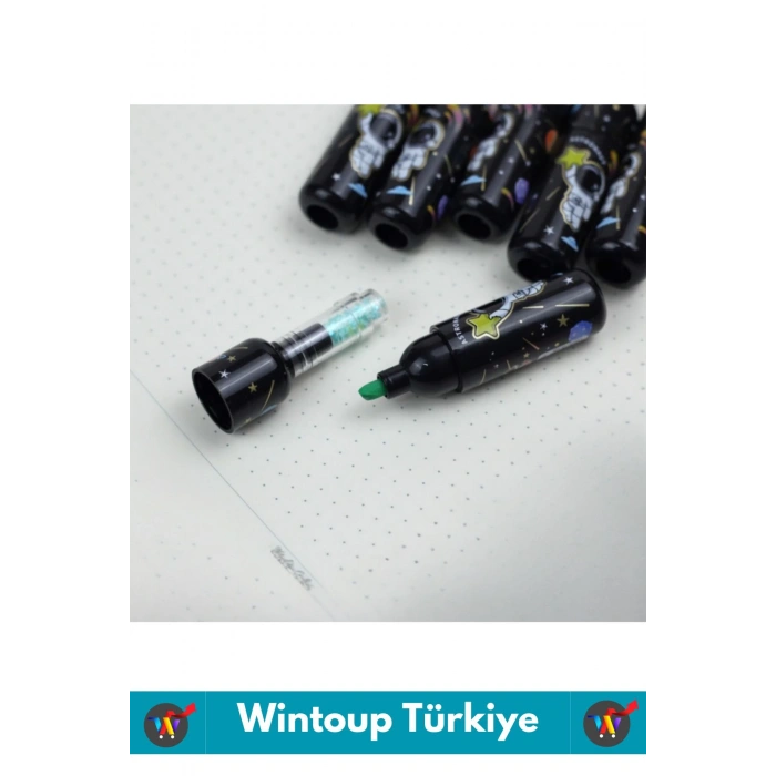 Özel Üretim Yüksek Kaliteli Parlak Astronot Detaylı Şık Tasarım Ofis Okul 6lı Fosforlu Kalem Seti