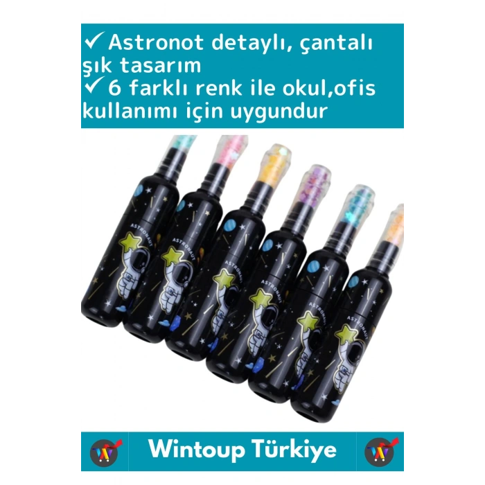 Özel Üretim Yüksek Kaliteli Parlak Astronot Detaylı Şık Tasarım Ofis Okul 6lı Fosforlu Kalem Seti