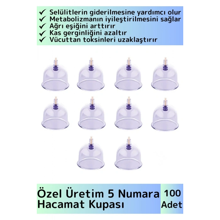 Özel Üretim Yüksek Kaliteli Selülit Çatlak Giderici Vakumlu 5 Numara Hacamat Kupası 100 Adet