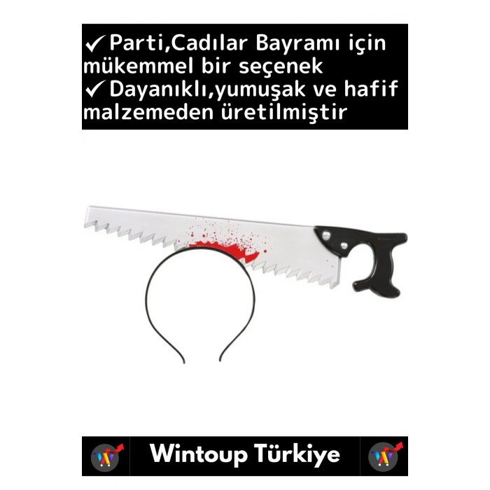 Parti Etkinlik Cadılar Bayramı Eğlenceli Kafaya Saplanan Kanlı Testere Halloween Gerçekçi Şaka Tacı