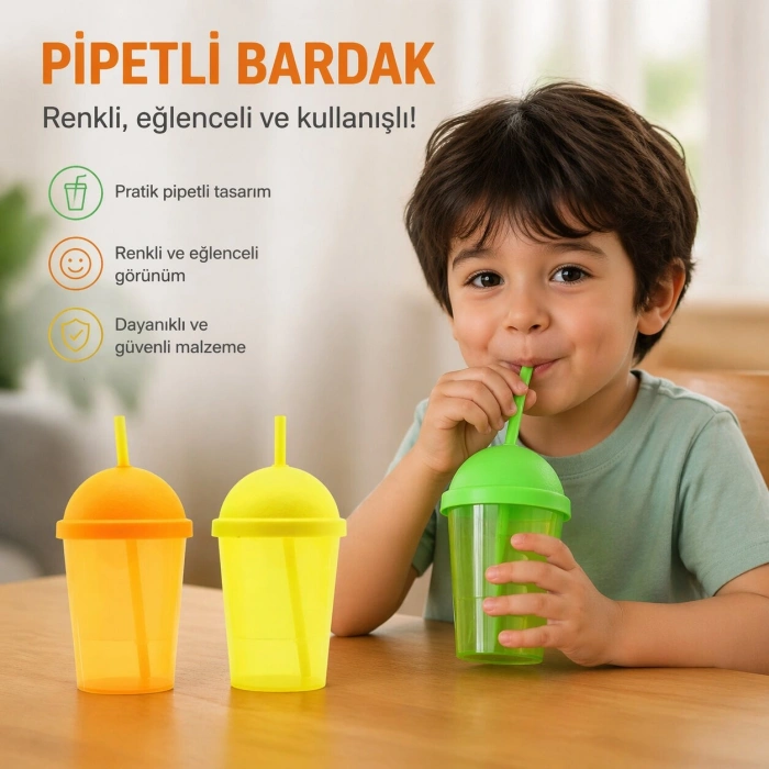 #Bardak Kapaklı Kubbe Tasarım Şık Ergonomik Dayanıklı Şeffaf Renkli Plastik Pipetli Bardak 450 Ml