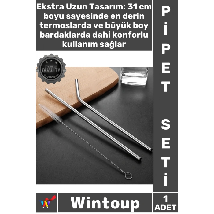 #PipetSeti Termos Uyumlu 31 cm Ekstra Uzun Paslanmaz Çelik Pipet Seti – 3 Parça Eğri + Düz + Fırça