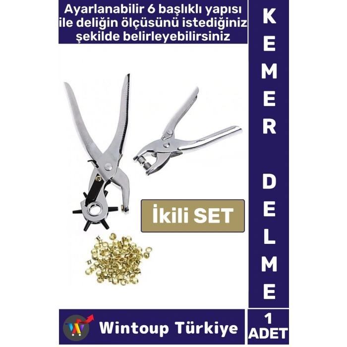 Pratik Delgeç 6 Farklı Başlıklı Döner Kemer Delme Pensesi Perçin Deri Plastik Delici İkili Set